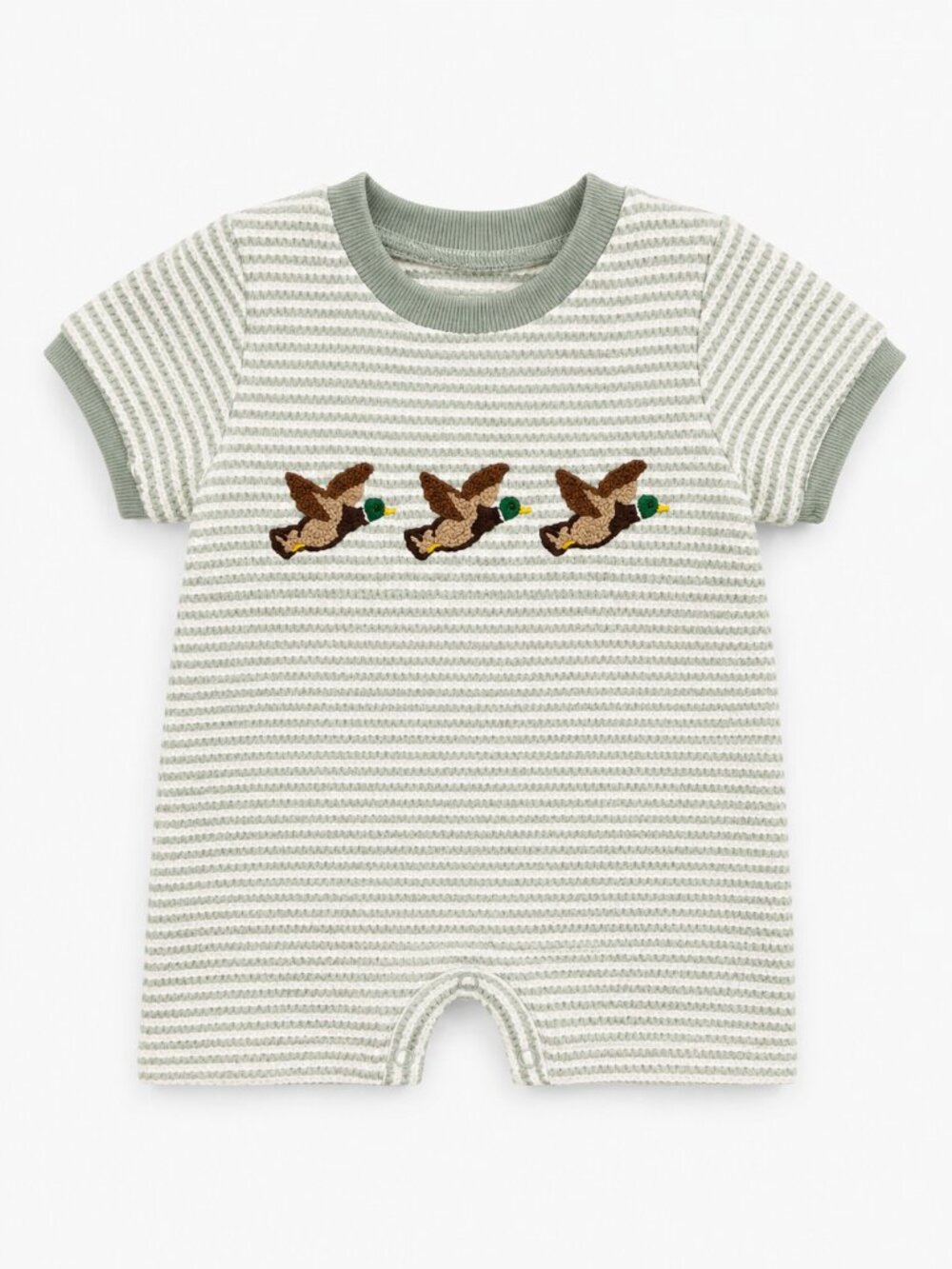 NWOT Toddler Embroidered Duck Romper Size 12-18 Months Green Striped Shortall